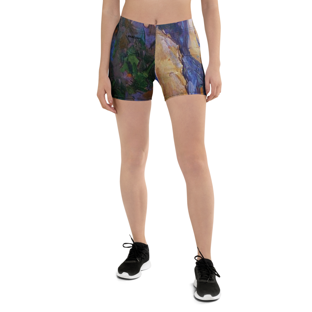 Babedept™ Abstract Art Print Shorts – Blue, Green, and Gold Brushstroke Design