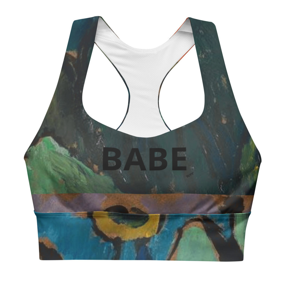 Model wearing Babe Department Babe longline sports bra front view