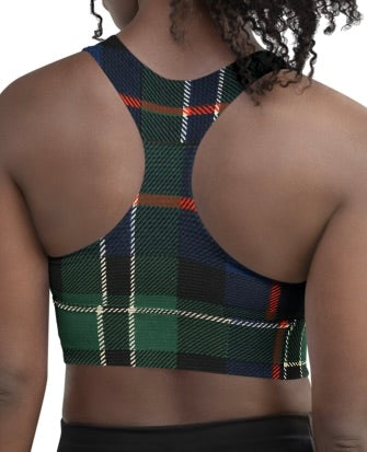 Babe Department plaid longline sports bra back view on model