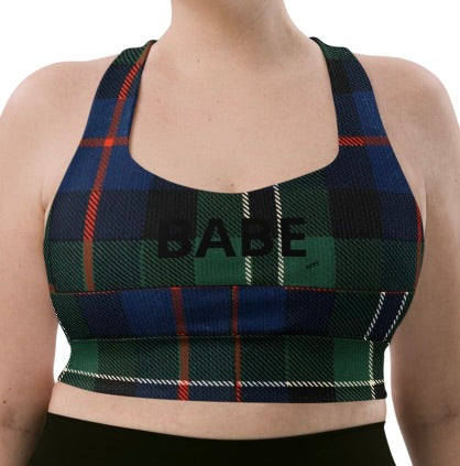 Plaid longline sports bra with Babe logo front view worn