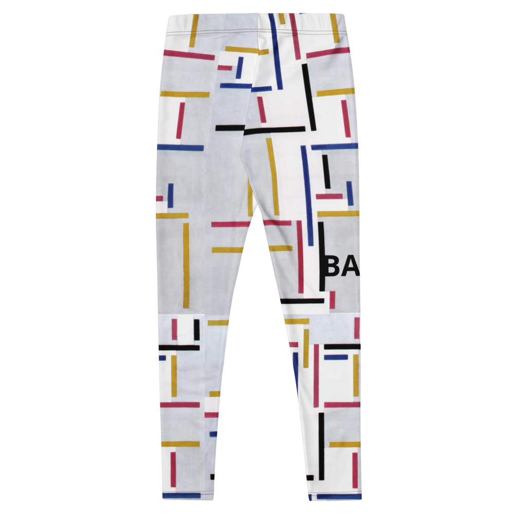 Flat lay front image of BabeDept white leggings with colorful geometric lines and BabeDept branding