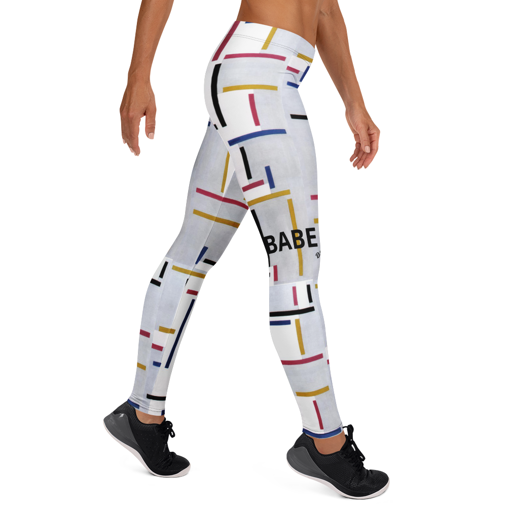 Right side view of BabeDept white leggings featuring multicolor geometric line design on model walking