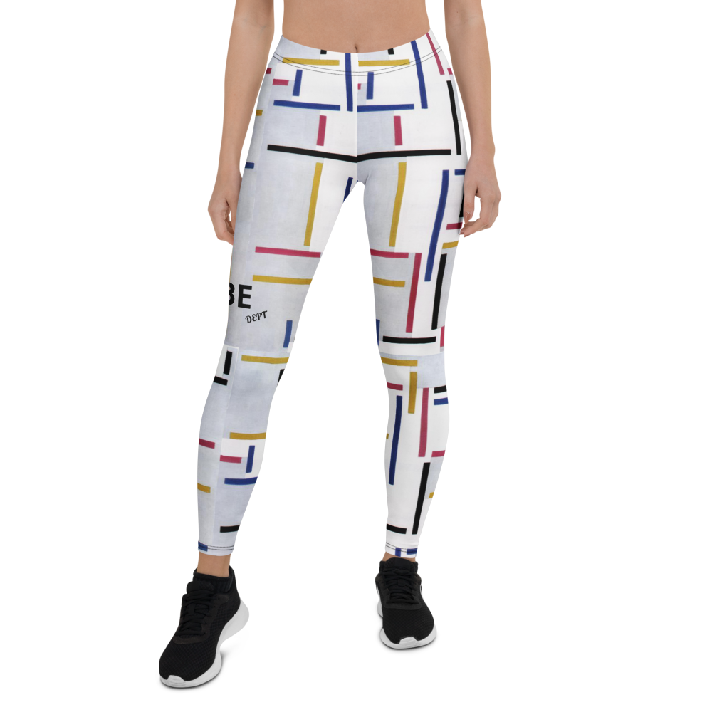 Front view of BabeDept geometric print leggings in white with multicolor line pattern on model standing straight