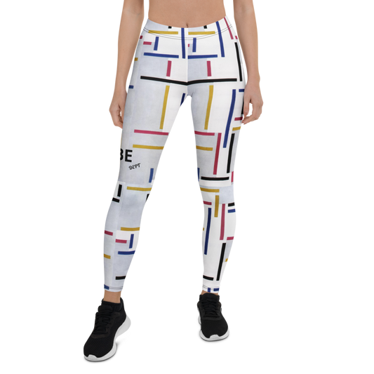 Front view of BabeDept geometric print leggings in white with multicolor line pattern on model standing straight