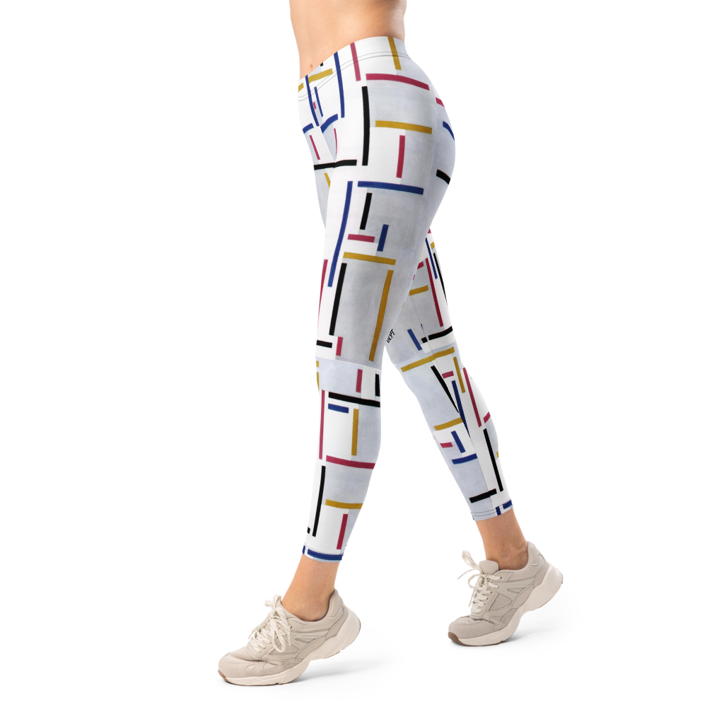 Right side view of BabeDept white leggings featuring multicolor geometric line design on model walking