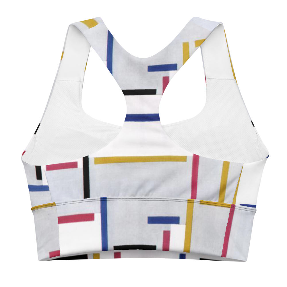 Back view of geometric print longline sports bra with racerback design.