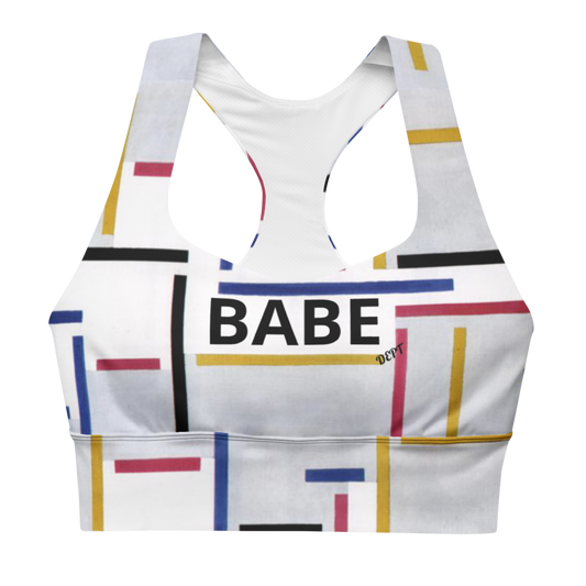 Front view of geometric print longline sports bra with BABE logo.