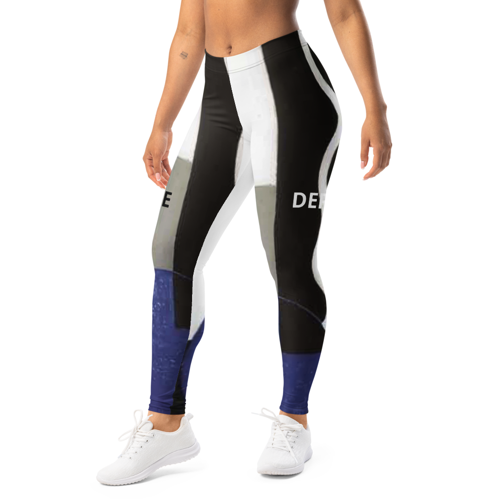 Babe Department women’s high-waisted leggings – blue black white graphic design side view