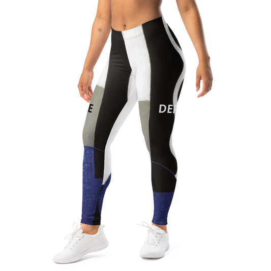 Babe Department women’s high-waisted leggings – blue black white graphic design side view