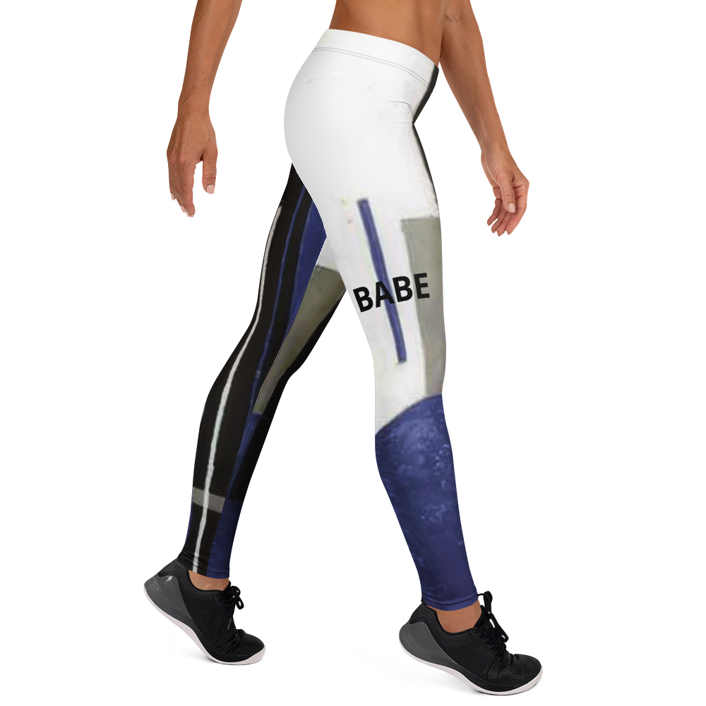 Babe Dept designer fitness leggings – white black blue graphic pattern side view
