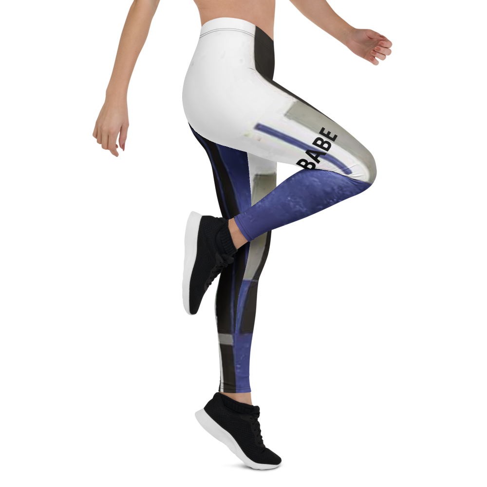 Babe Dept designer fitness leggings – white black blue graphic pattern side view