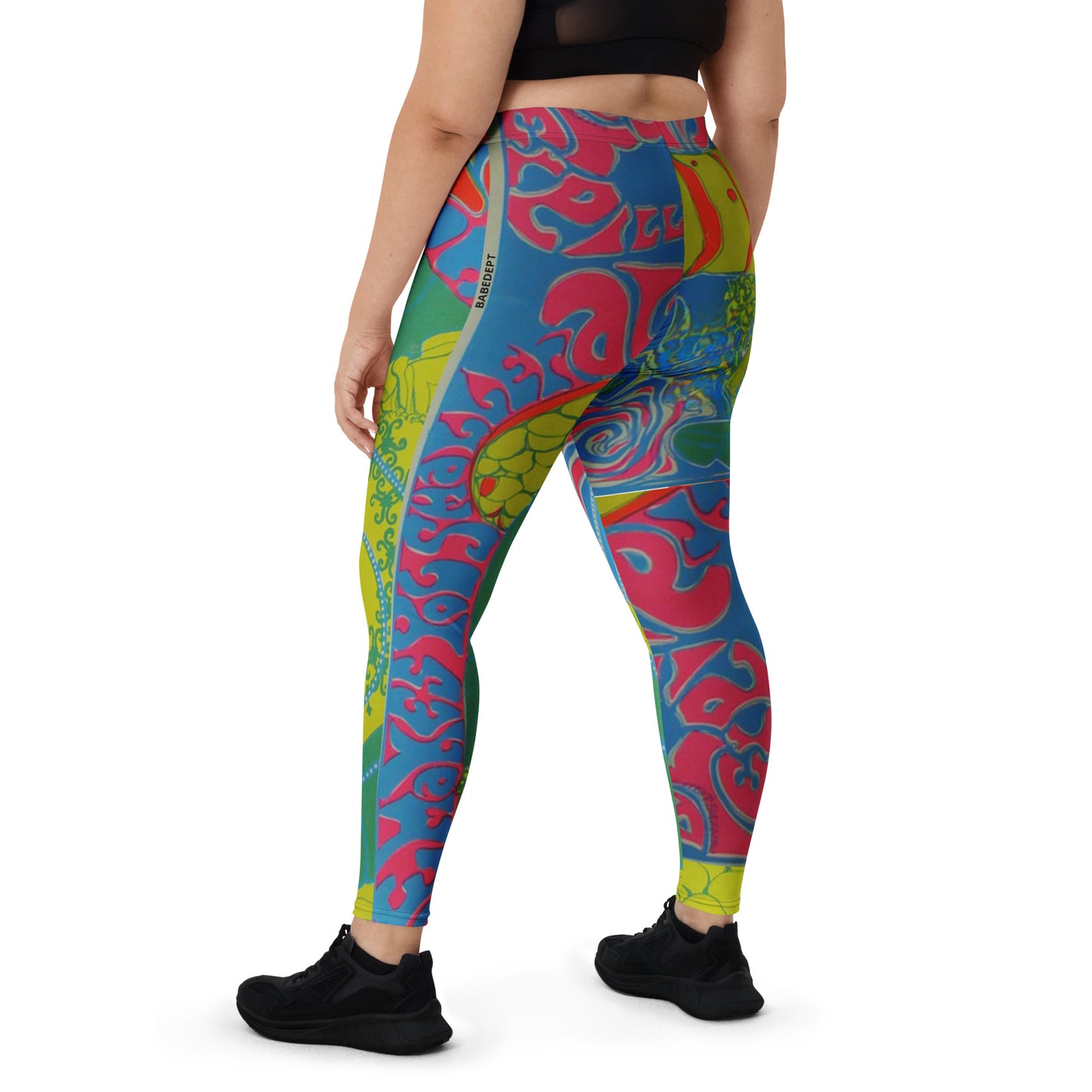 Babe Dept psychedelic print leggings, high-waist fit, back view.