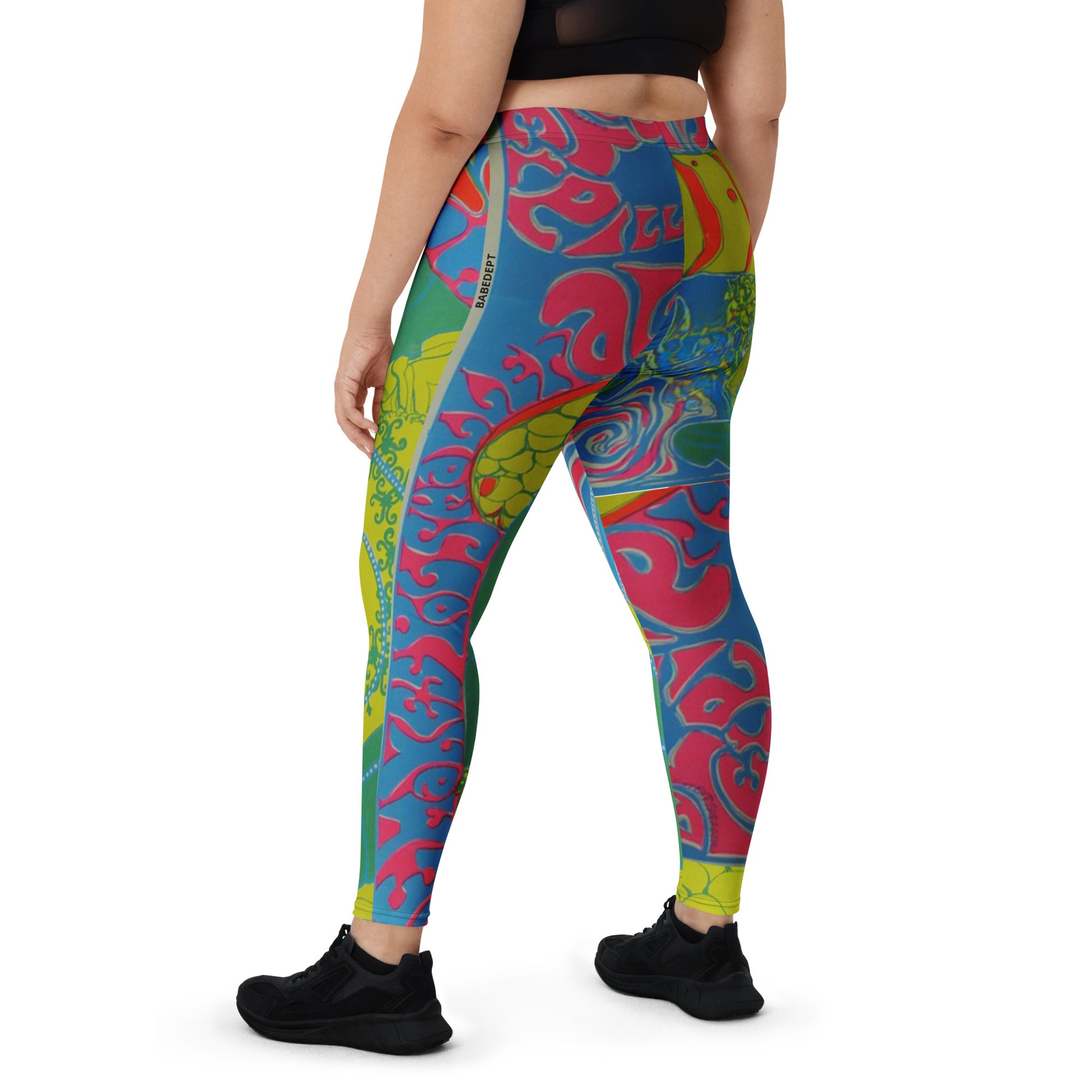 Babe Dept psychedelic print leggings, high-waist fit, back view.