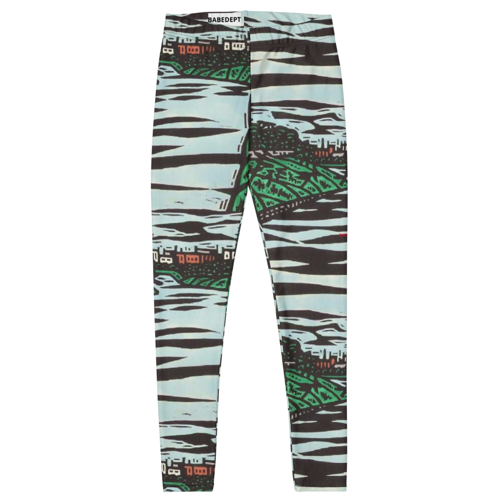 Women’s scenic print high waisted leggings front view flat