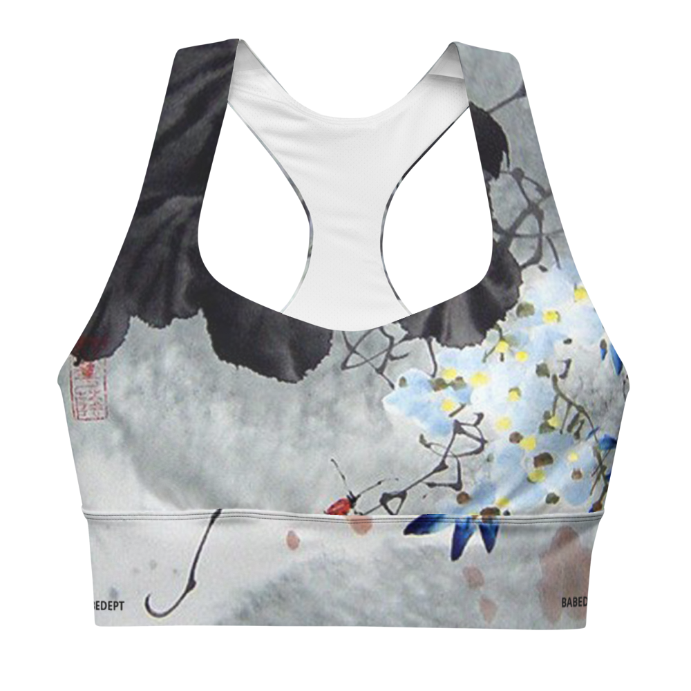 Front flat lay of Babe Dept Japanese Art Sports Bra featuring green landscape print.