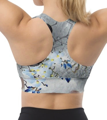 Rear view of sports bra worn by model showing Japanese art print and racerback cut by Babe Dept.