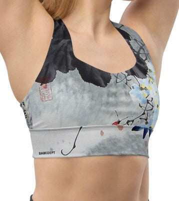 Front view of Japanese landscape print sports bra by Babe Dept – breathable and aesthetic design.