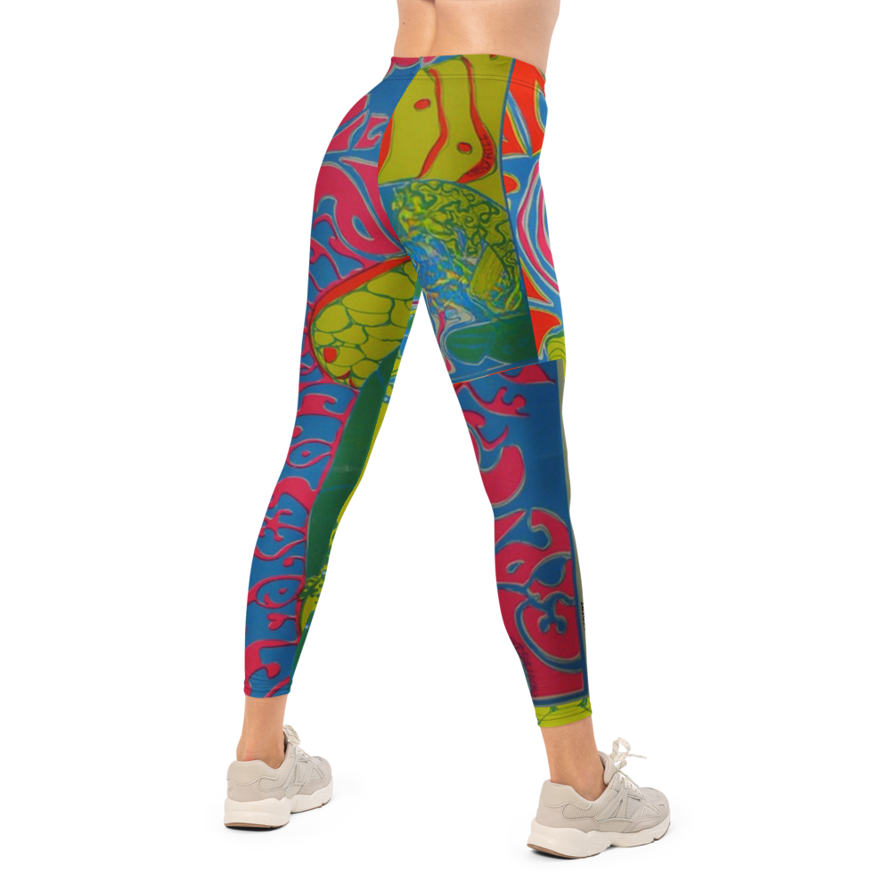 Colorful Babe Dept women’s leggings with artistic abstract design, side back angle.