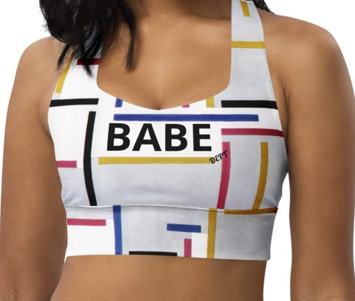 Front view of striped geometric longline sports bra with BABE logo.