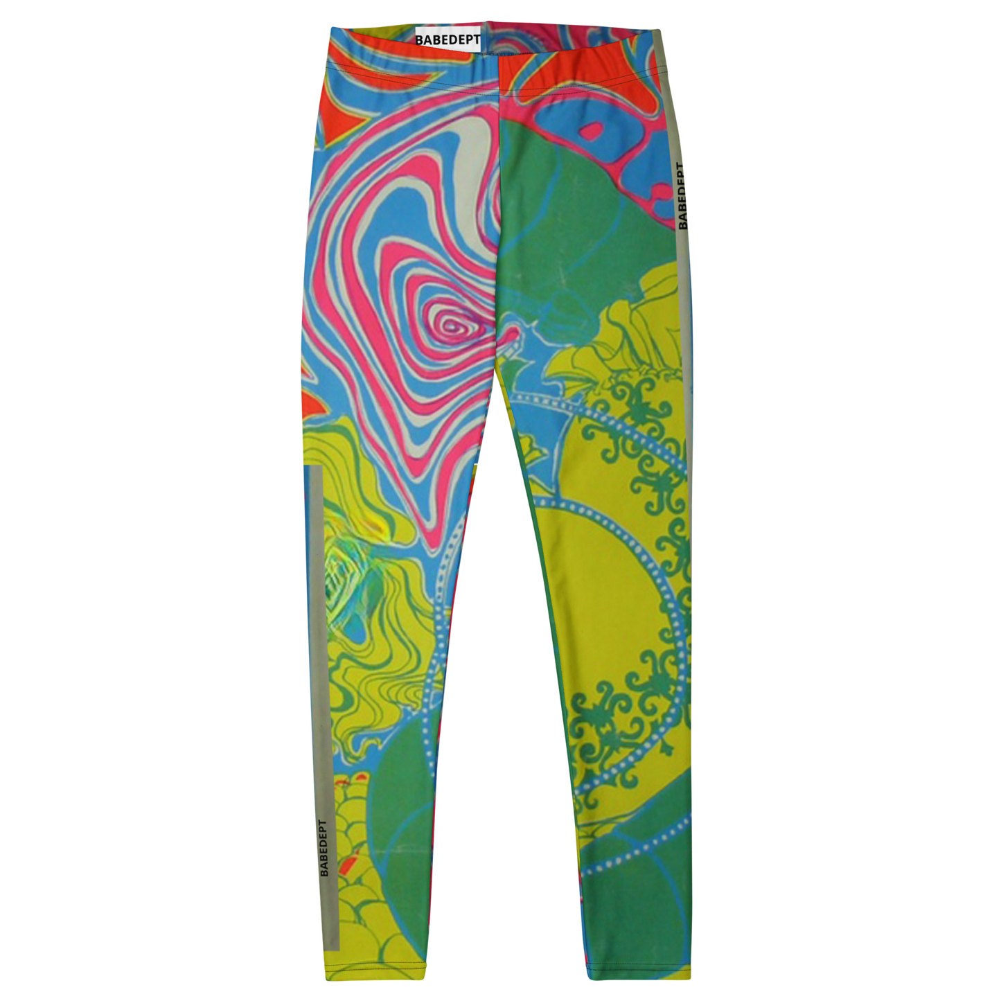 Front view of BabeDept leggings laid flat displaying multicolor psychedelic design
