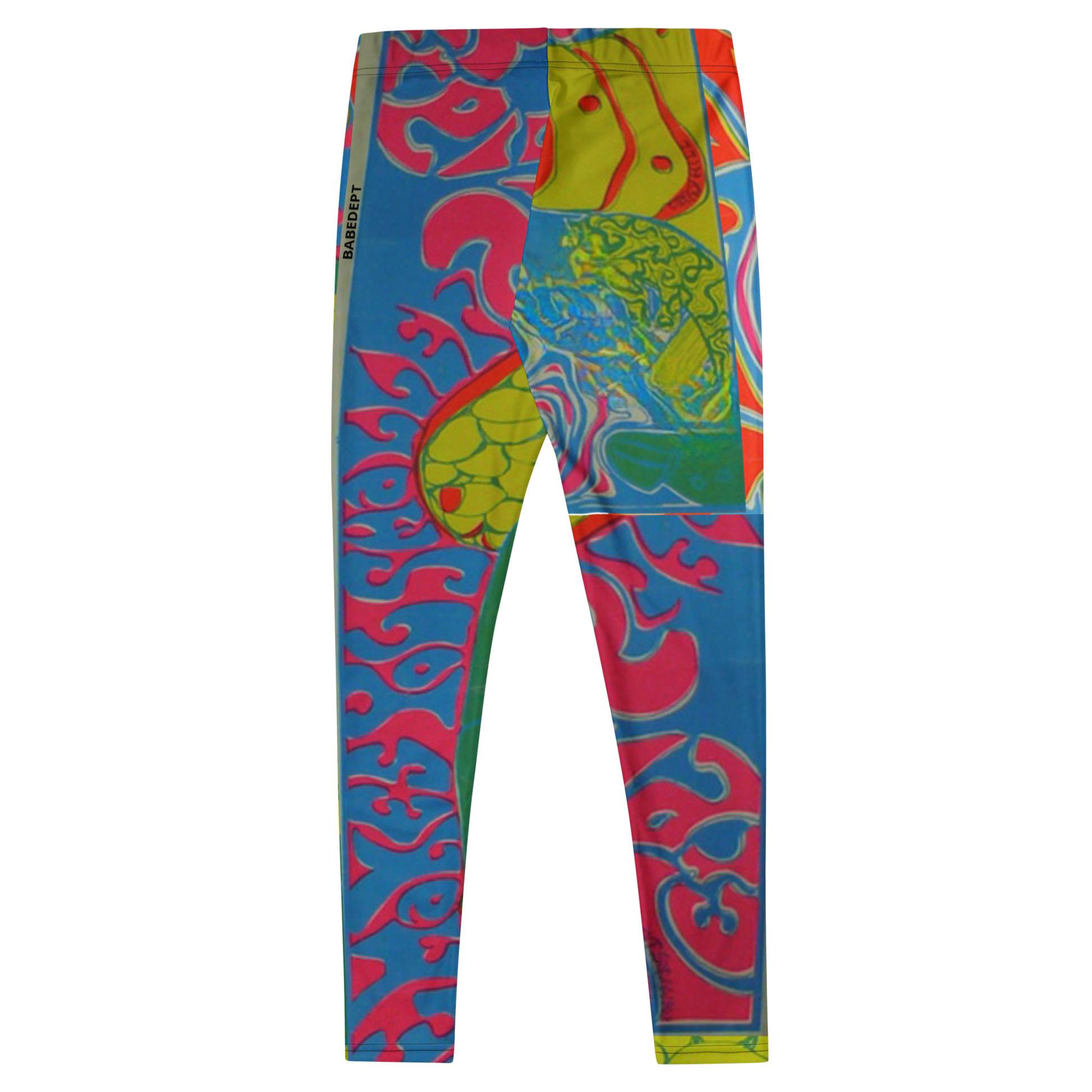 Back view of BabeDept leggings laid flat displaying multicolor psychedelic design