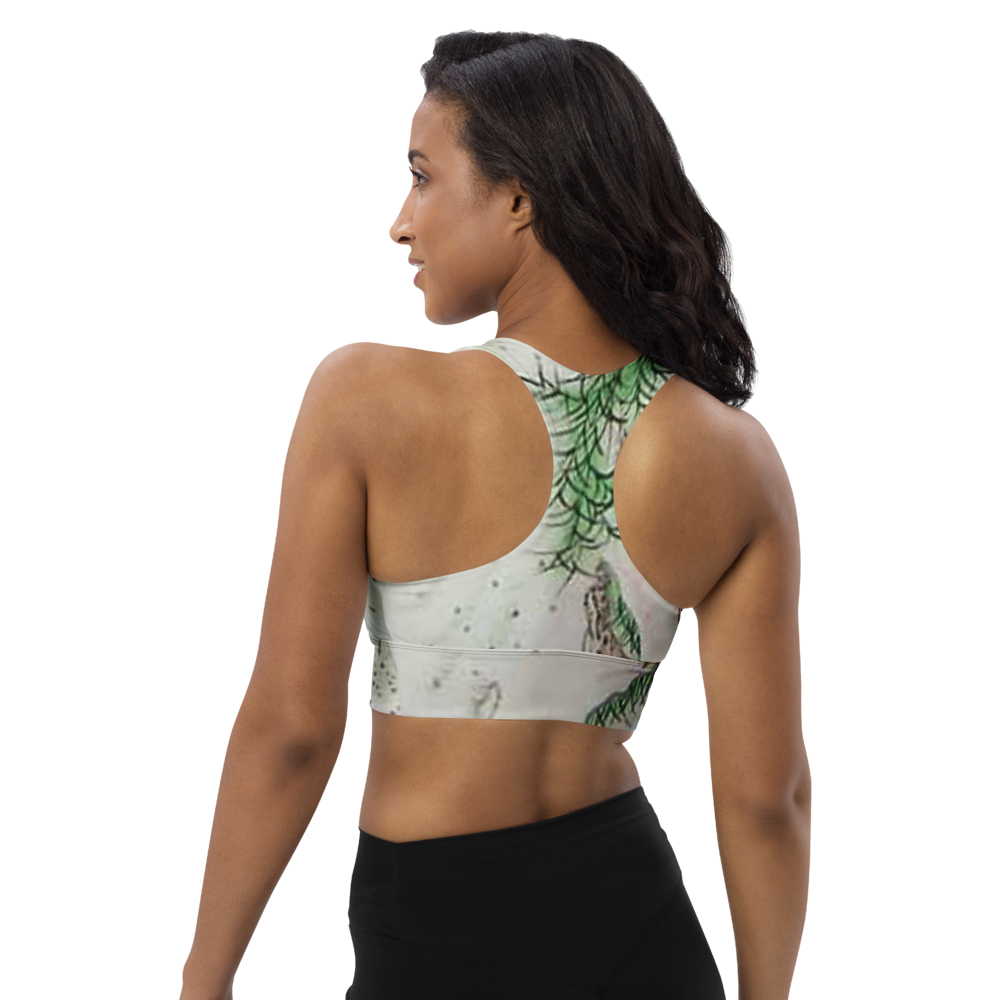 White Marble Longline Sports Bra with Green Botanical Detail – Removable Padding, Double-Layered Activewear Top