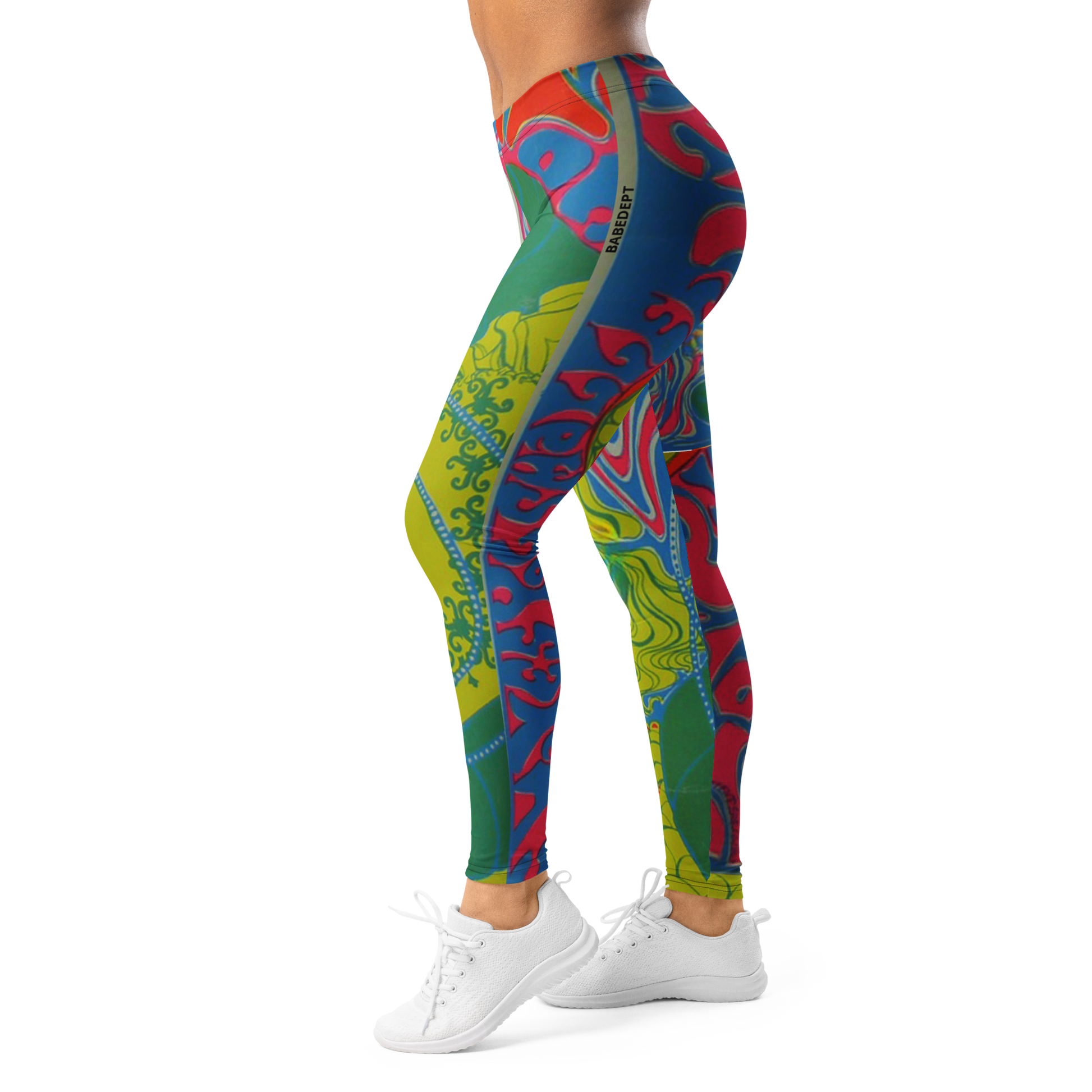 Side angle of BabeDept psychedelic leggings with neon abstract patterns on model
