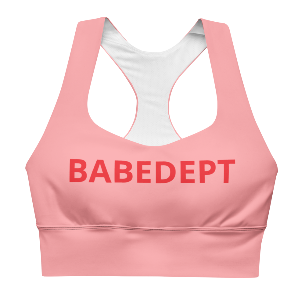 Front view of pink BABEDEPT longline sports bra with red logo.