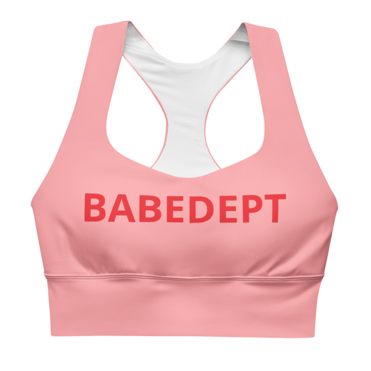 Front view of pink BABEDEPT longline sports bra with red logo.