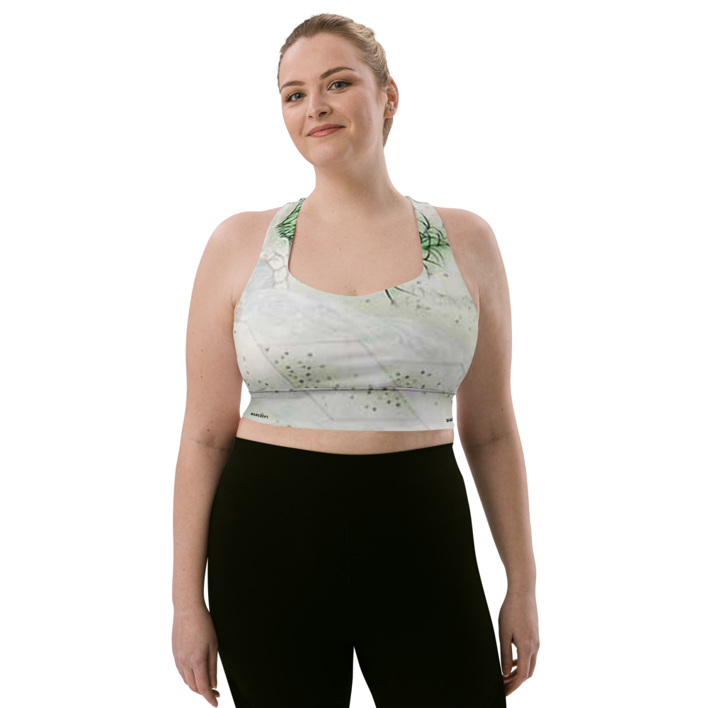 White Marble Longline Sports Bra with Green Botanical Detail – Removable Padding, Double-Layered Activewear Top