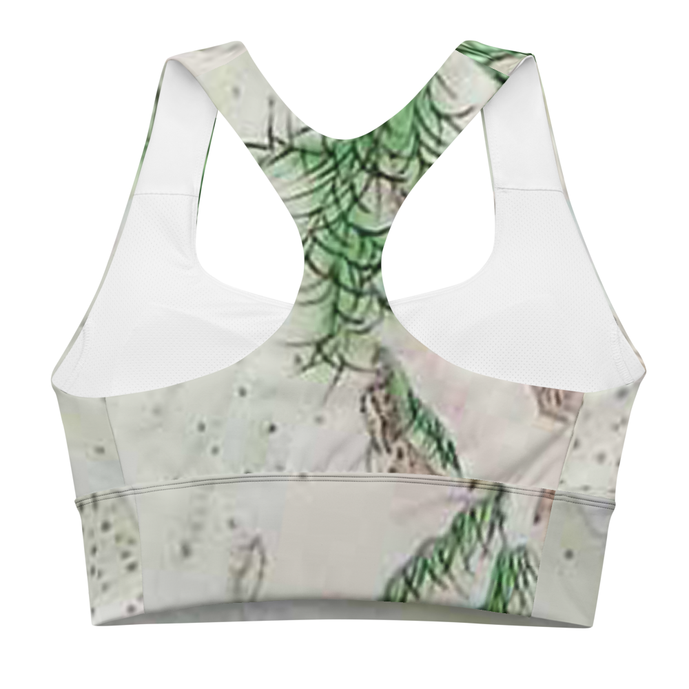 White Marble Longline Sports Bra with Green Botanical Detail – Removable Padding, Double-Layered Activewear Top