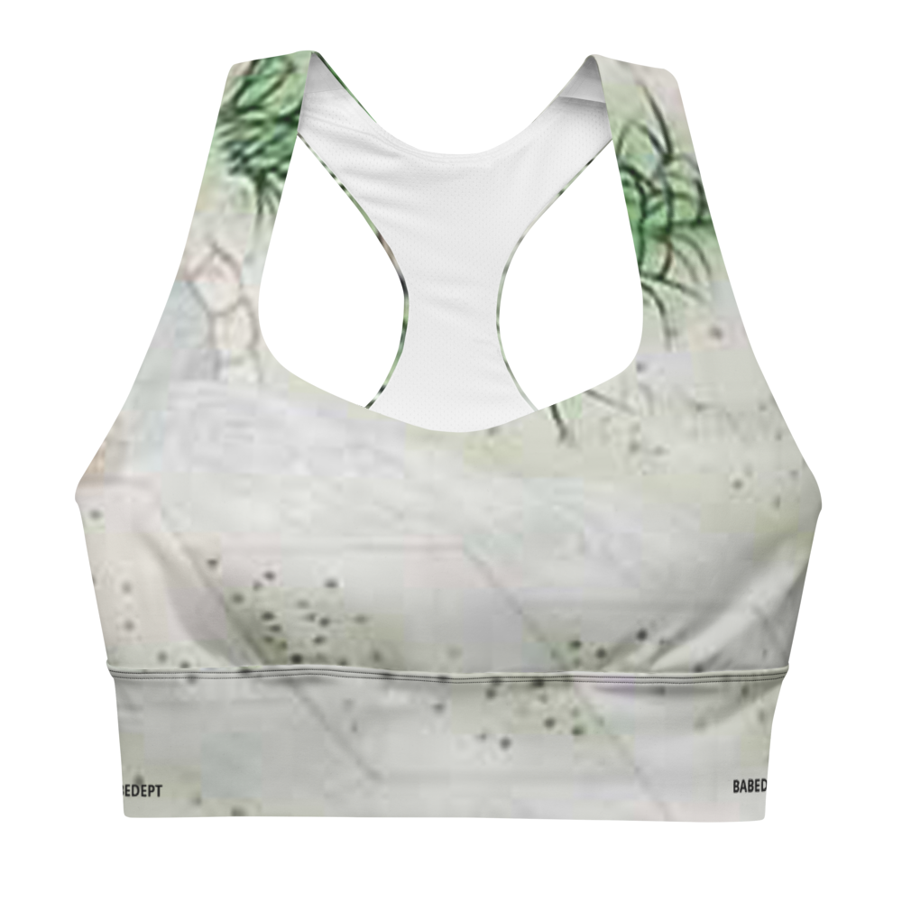 White Marble Longline Sports Bra with Green Botanical Detail – Removable Padding, Double-Layered Activewear Top