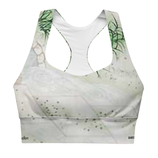 White Marble Longline Sports Bra with Green Botanical Detail – Removable Padding, Double-Layered Activewear Top