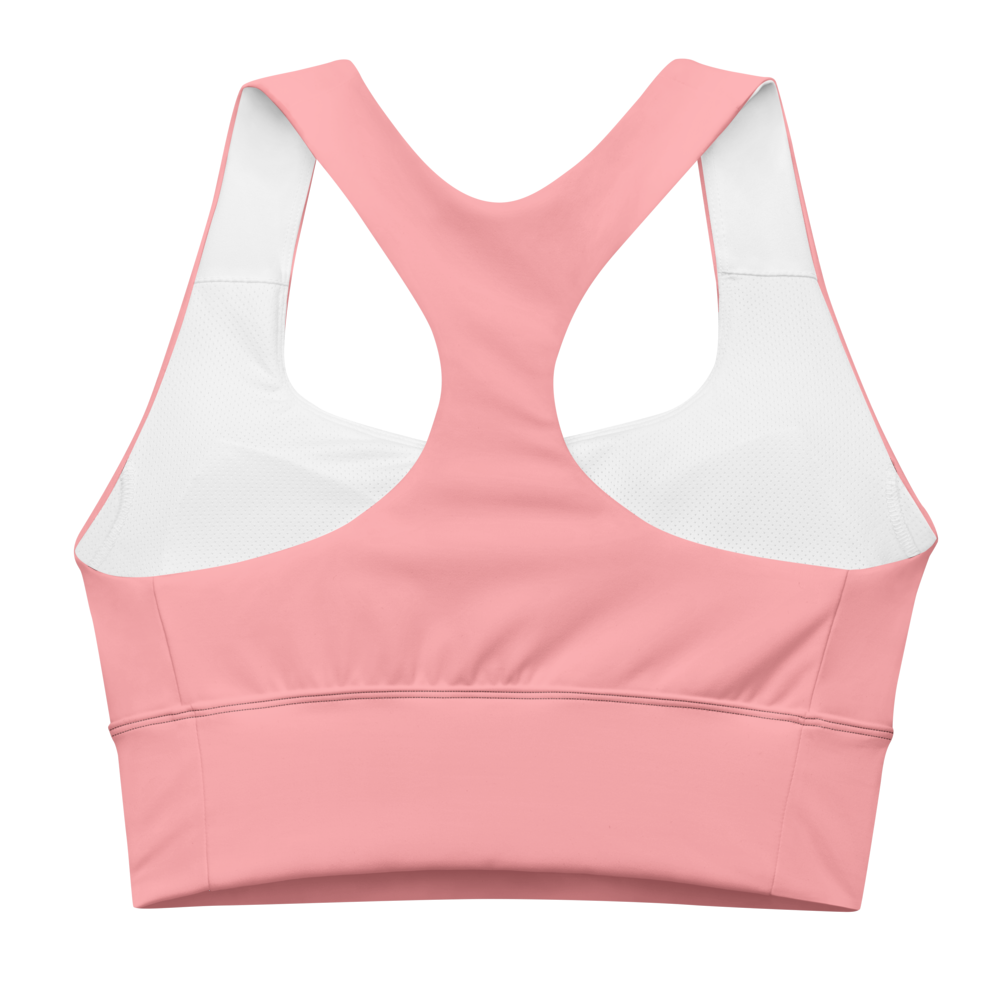 Back view of solid pink racerback longline sports bra.